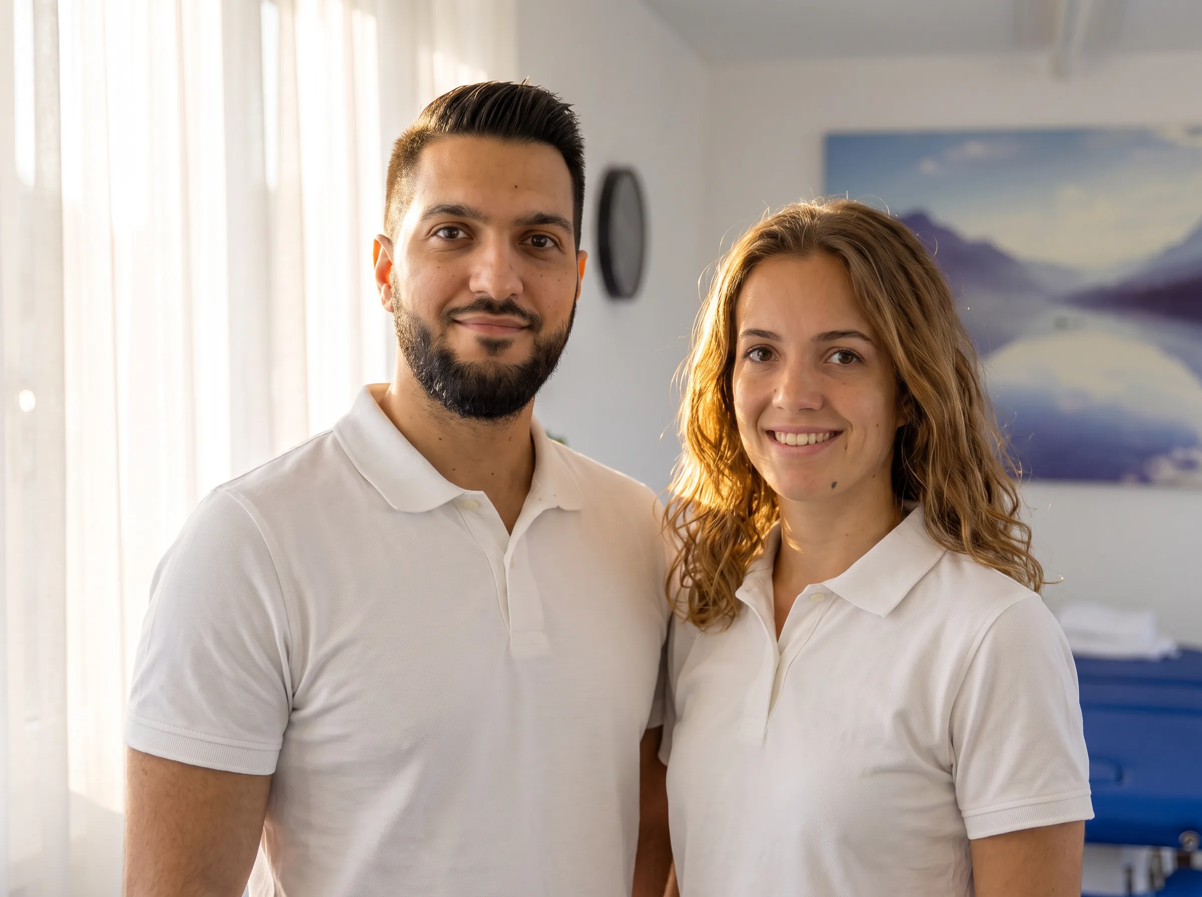 Murat Aydin und Dominique Wüthrich, das Team der MassagePraxis Aydin, lächelnd am Fenster des Behandlungsraums in Cham